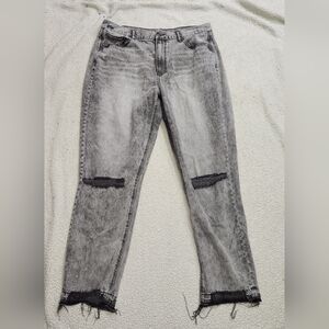 American Eagle Distressed Mom Jean Black Acid Wash Women's 16 Long Ripped Frayed